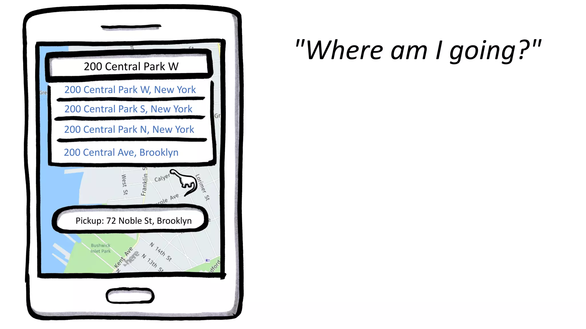 "Where am I going?"200 Central Park W
Pickup: 72 Noble St, Brooklyn
200 Central Park W, New York
200 Central Park S, New York
200 Central Park N, New York
200 Central Ave, Brooklyn
 
