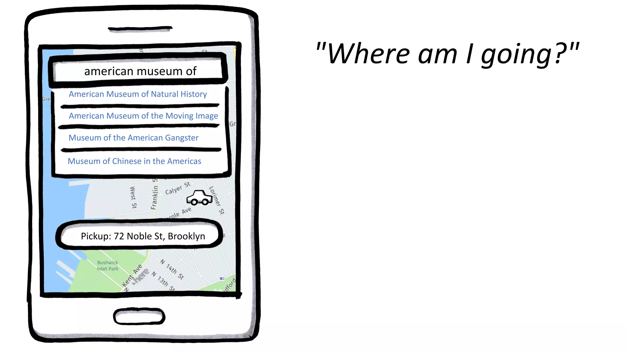 "Where am I going?"american museum of
Pickup: 72 Noble St, Brooklyn
American Museum of Natural History
American Museum of the Moving Image
Museum of the American Gangster
Museum of Chinese in the Americas
 