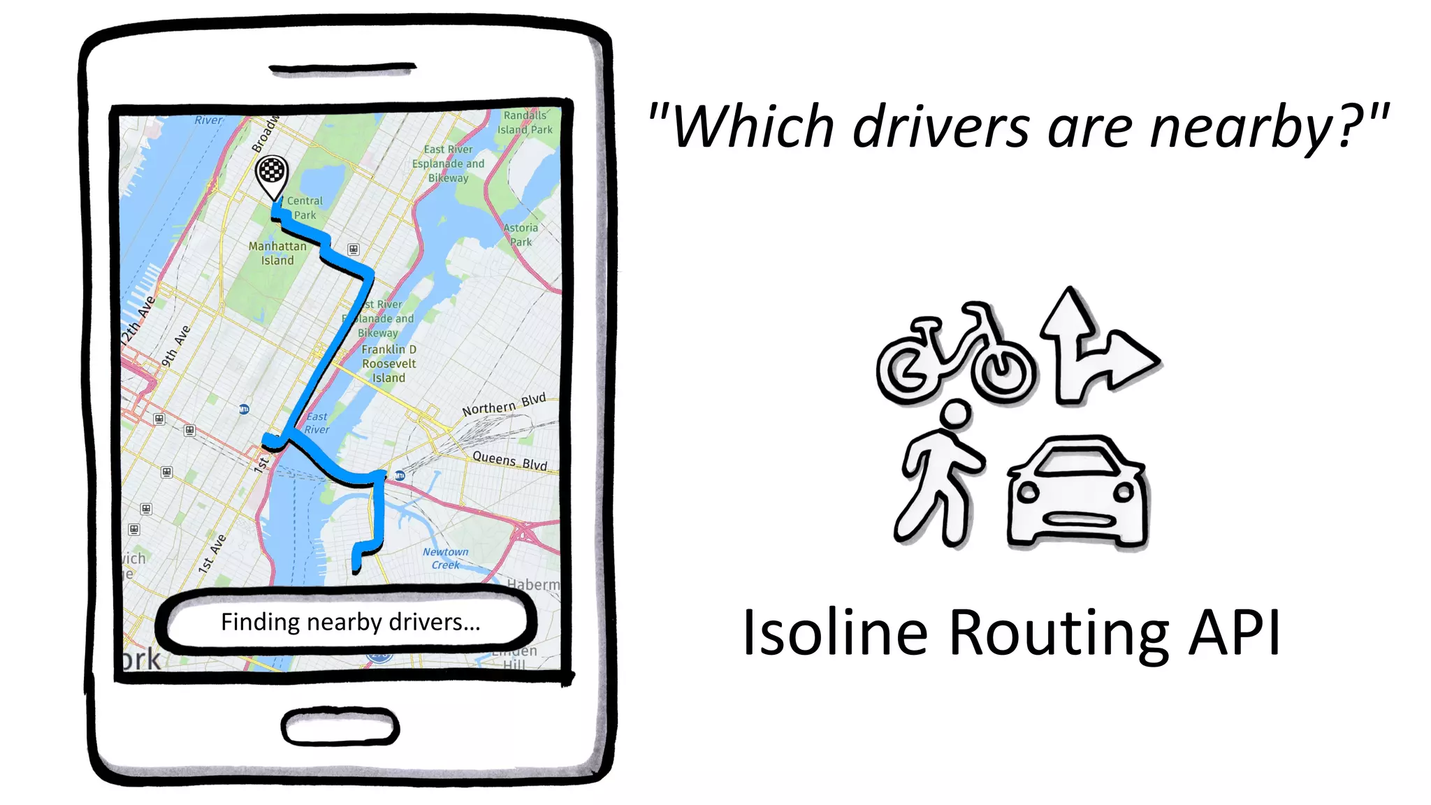 Isoline Routing API
"Which drivers are nearby?"
Finding nearby drivers…
 
