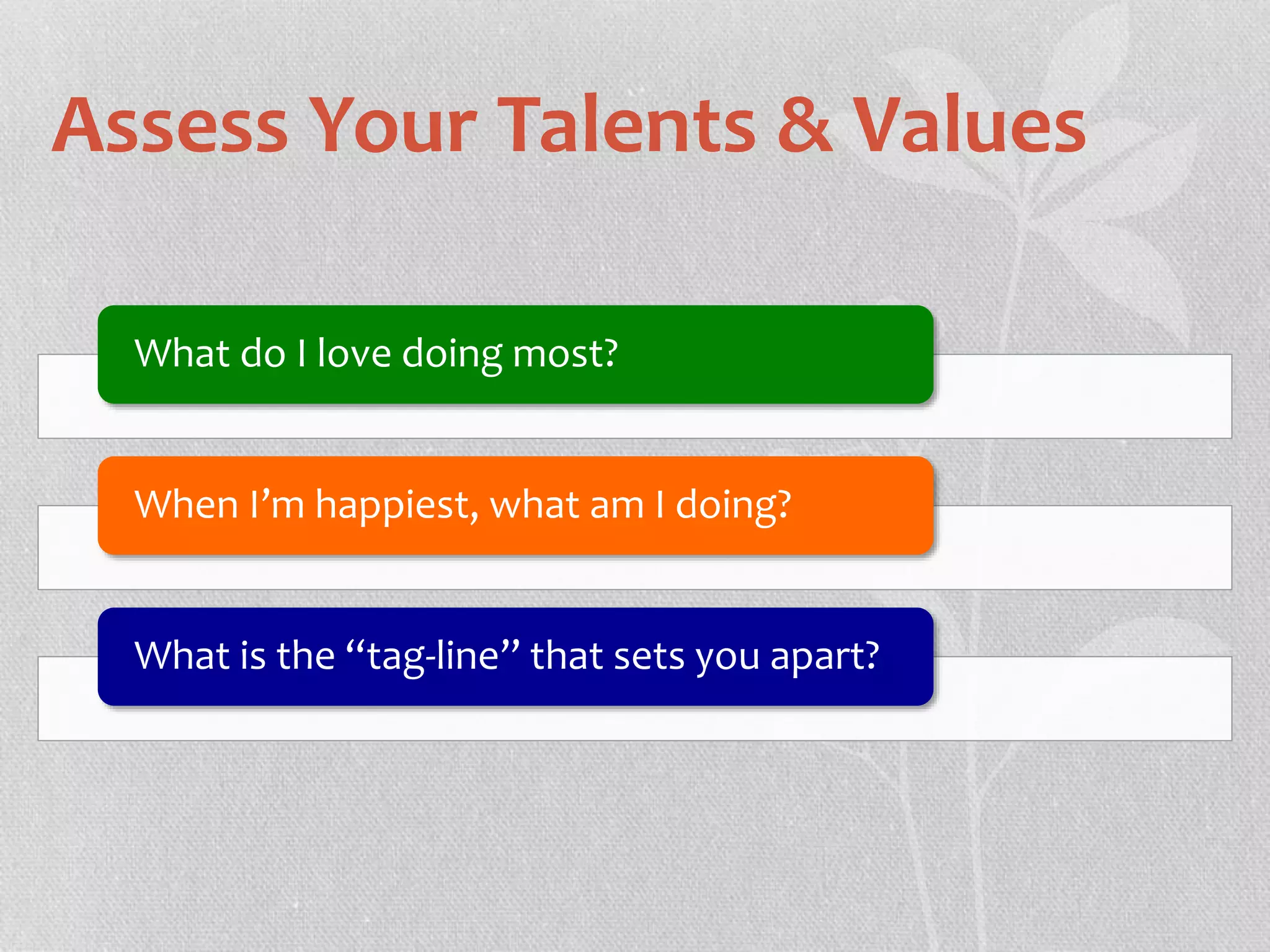 Assess Your Talents & Values 
What do I love doing most? 
When I’m happiest, what am I doing? 
What is the “tag-line” that sets you apart? 
 