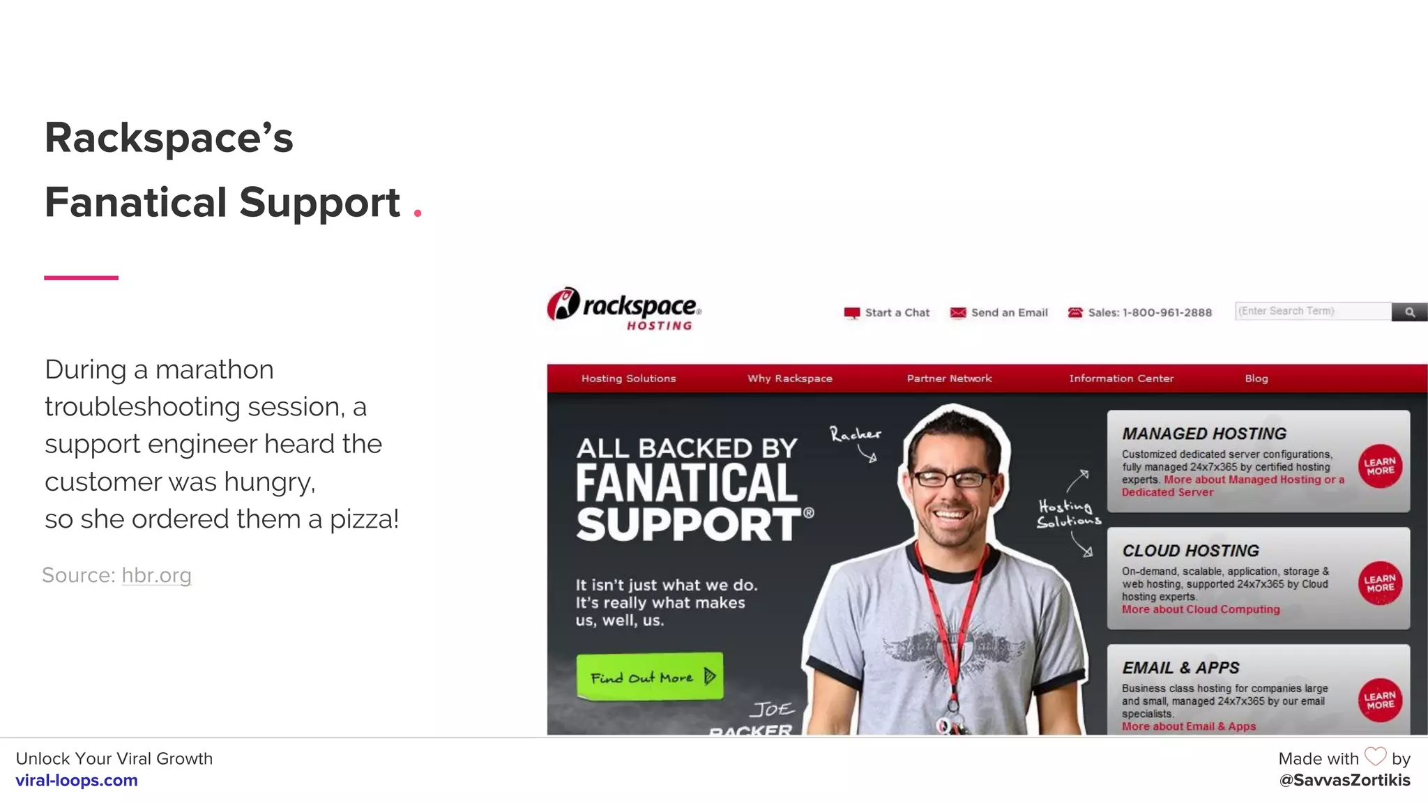 Unlock Your Viral Growth
viral-loops.com
Made with by
@SavvasZortikis
Rackspace’s
Fanatical Support .
During a marathon
troubleshooting session, a
support engineer heard the
customer was hungry,
so she ordered them a pizza!
Source: hbr.org
 