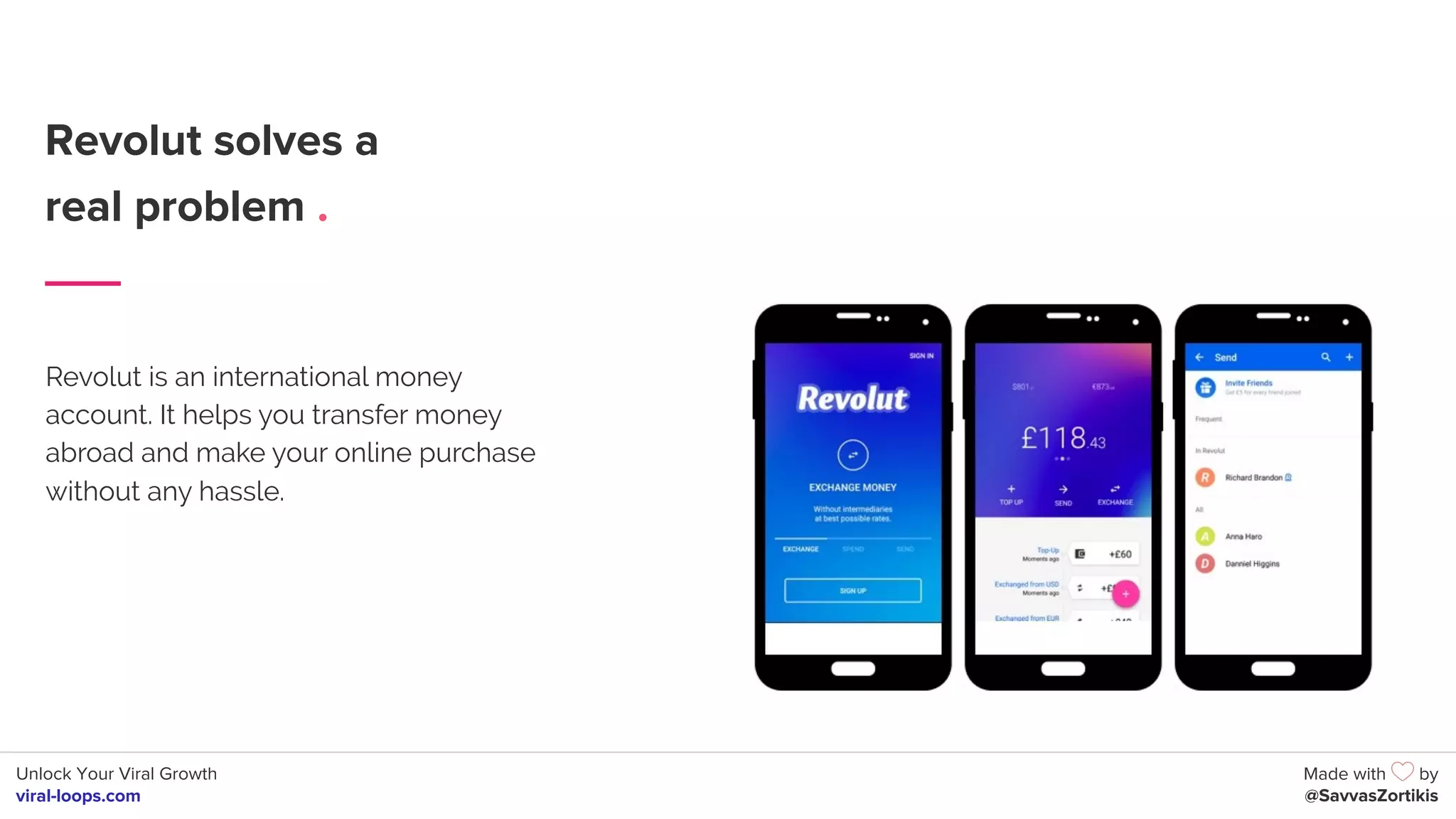 Unlock Your Viral Growth
viral-loops.com
Made with by
@SavvasZortikis
Revolut solves a
real problem .
Revolut is an international money
account. It helps you transfer money
abroad and make your online purchase
without any hassle.
 