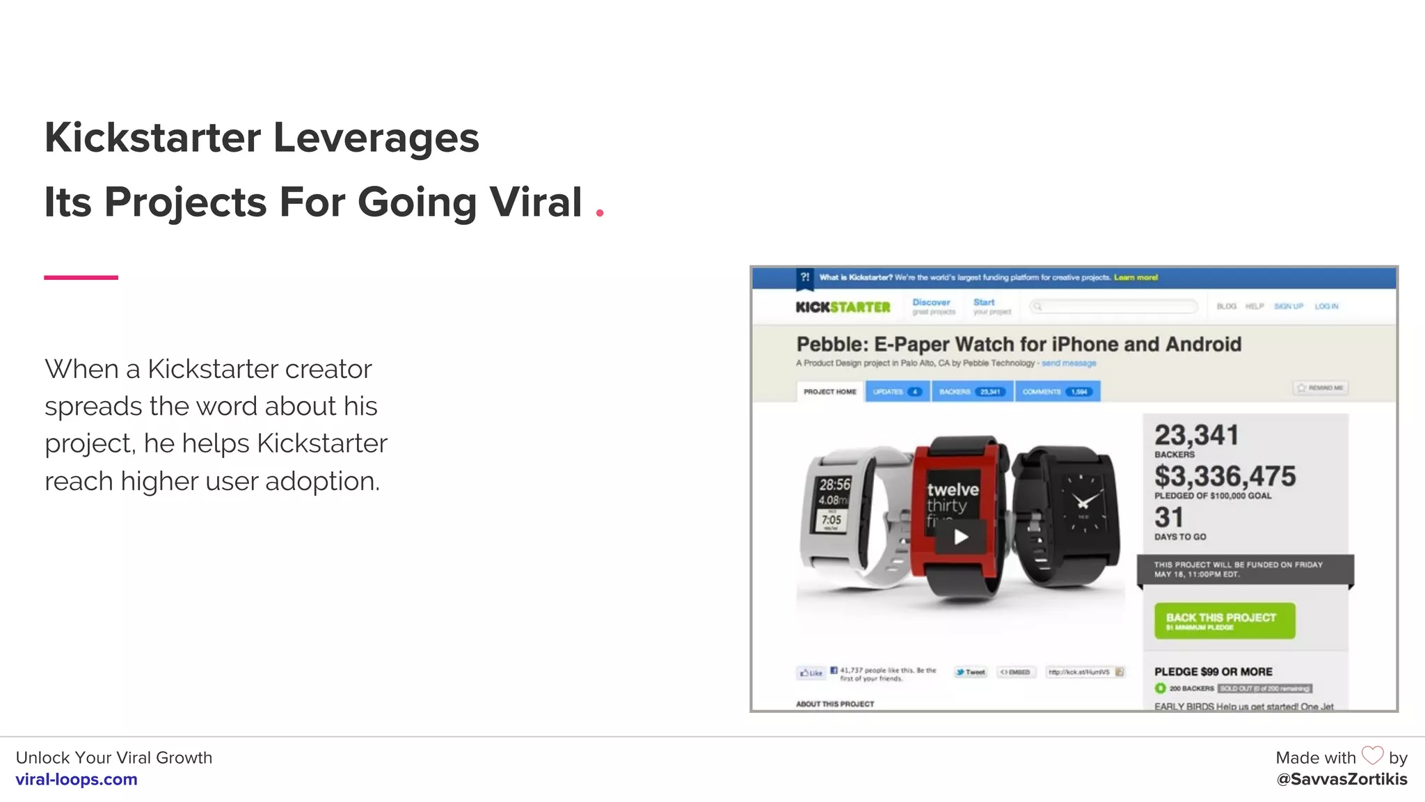 Unlock Your Viral Growth
viral-loops.com
Made with by
@SavvasZortikis
Kickstarter Leverages
Its Projects For Going Viral .
When a Kickstarter creator
spreads the word about his
project, he helps Kickstarter
reach higher user adoption.
 