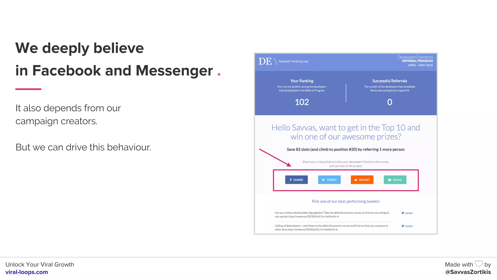 Unlock Your Viral Growth
viral-loops.com
Made with by
@SavvasZortikis
We deeply believe
in Facebook and Messenger .
It also depends from our
campaign creators.
But we can drive this behaviour.
 