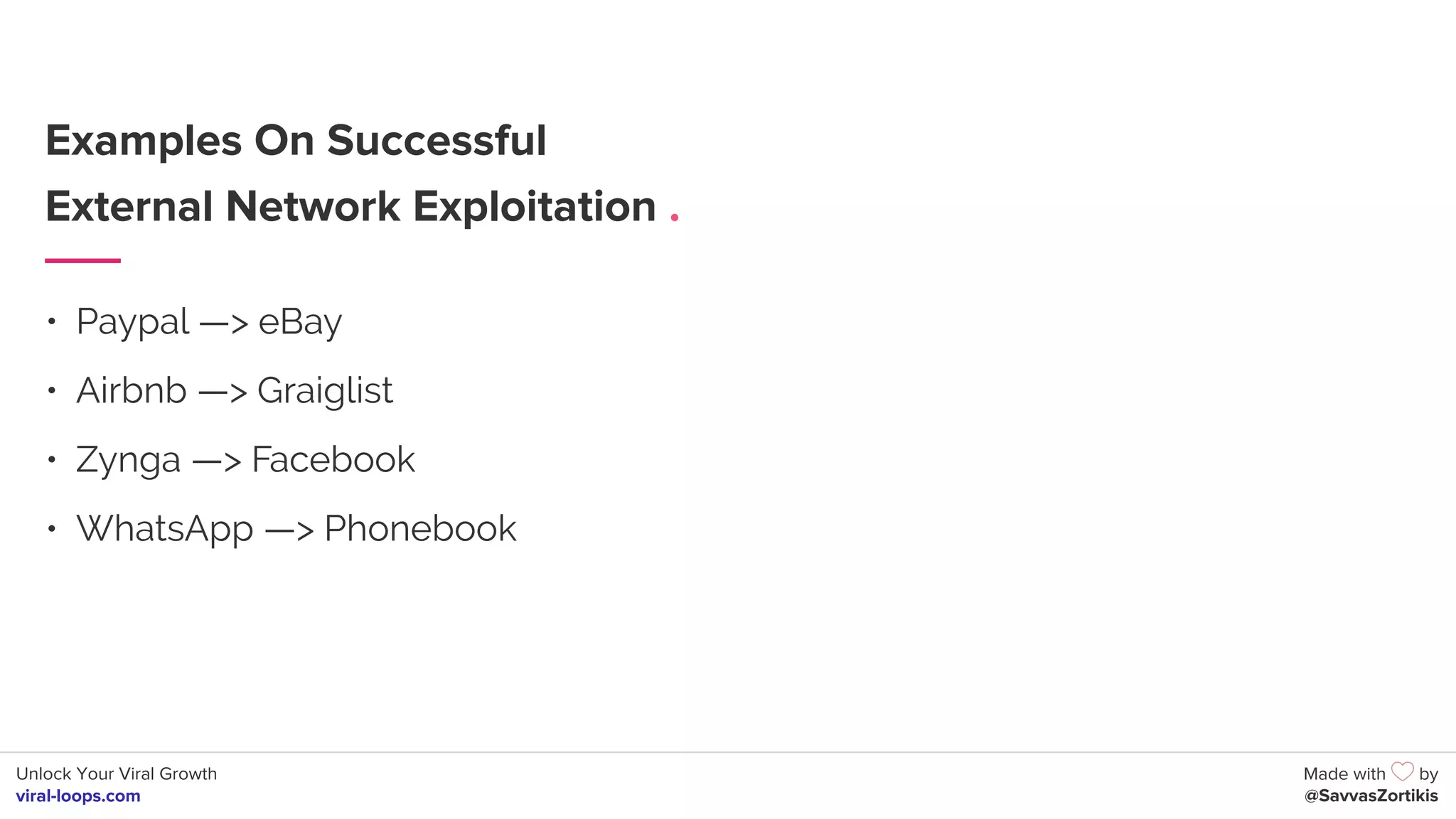 Unlock Your Viral Growth
viral-loops.com
Made with by
@SavvasZortikis
Examples On Successful
External Network Exploitation .
• Paypal —> eBay
• Airbnb —> Graiglist
• Zynga —> Facebook
• WhatsApp —> Phonebook
 