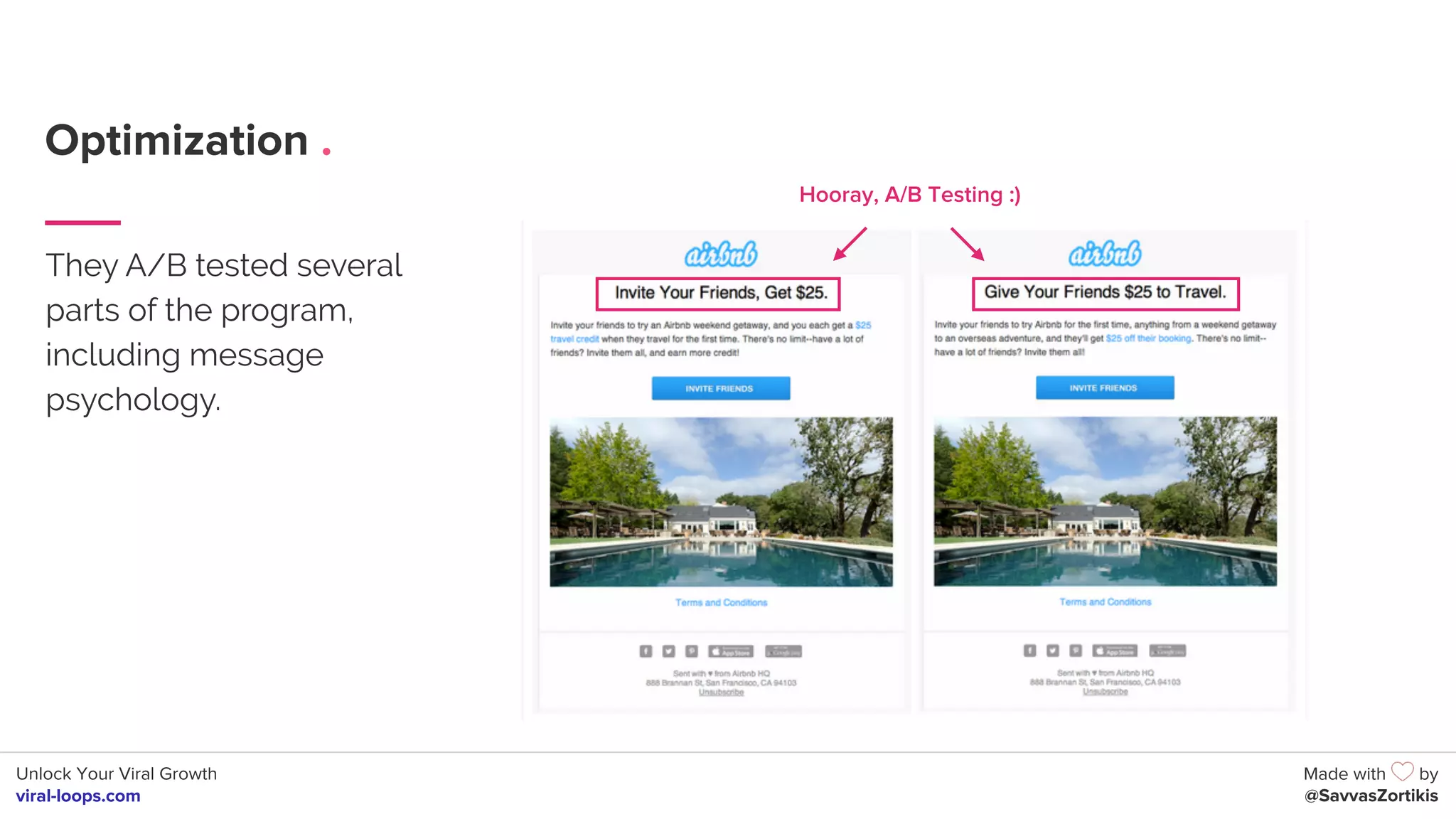 Unlock Your Viral Growth
viral-loops.com
Made with by
@SavvasZortikis
Optimization .
They A/B tested several
parts of the program,
including message
psychology.
Hooray, A/B Testing :)
 