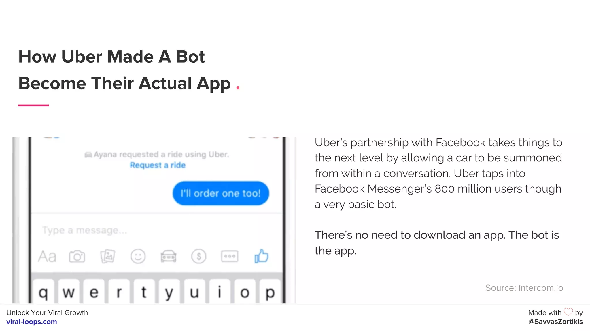 Unlock Your Viral Growth
viral-loops.com
Made with by
@SavvasZortikis
How Uber Made A Bot
Become Their Actual App .
Uber’s partnership with Facebook takes things to
the next level by allowing a car to be summoned
from within a conversation. Uber taps into
Facebook Messenger’s 800 million users though
a very basic bot.
There’s no need to download an app. The bot is
the app.
Source: intercom.io
 