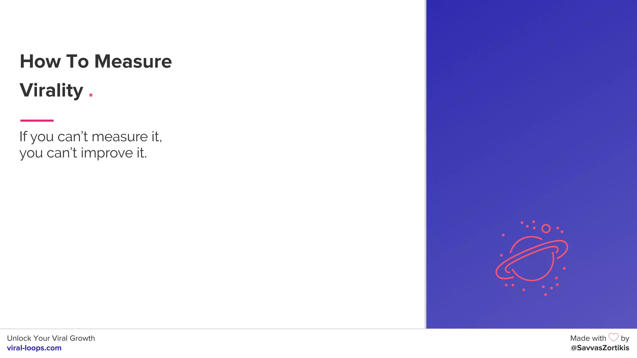 Unlock Your Viral Growth
viral-loops.com
Made with by
@SavvasZortikis
How To Measure
Virality .
If you can’t measure it,
you can’t improve it.
6
 