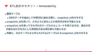 ETL設計のセオリー / Immutability
•履歴テーブル
•DBのデータを抽出して中間DBに納める際に、snapshot_idを付与する
•snapshot_idを用いて、どのように変化したか時系列分析が可能となる
•snapshot_idを使ってそれぞれのテーブルからレコードを取り出せば、過去の日
の組み合わせを元にした再現性のある再計算も可能となる
•同様に、元のテーブルから作られたFactテーブルにもsnapshot_idを付与する
31
 