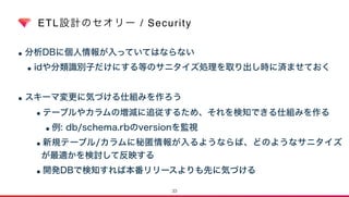 ETL設計のセオリー / Security
•分析DBに個人情報が入っていてはならない
•idや分類識別子だけにする等のサニタイズ処理を取り出し時に済ませておく
•スキーマ変更に気づける仕組みを作ろう
•テーブルやカラムの増減に追従するため、それを検知できる仕組みを作る
•例: db/schema.rbのversionを監視
•新規テーブル/カラムに秘匿情報が入るようならば、どのようなサニタイズ
が最適かを検討して反映する
•開発DBで検知すれば本番リリースよりも先に気づける
33
 