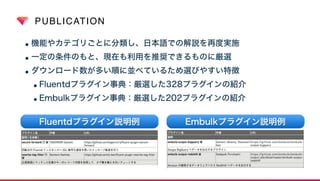 PUBLICATION
•機能やカテゴリごとに分類し、日本語での解説を再度実施
•一定の条件のもと、現在も利用を推奨できるものに厳選
•ダウンロード数が多い順に並べているため選びやすい特徴
•Fluentdプラグイン事典：厳選した328プラグインの紹介
•Embulkプラグイン事典：厳選した202プラグインの紹介
 