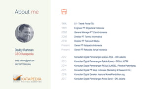 About me
Deddy Rahman
CEO Katapedia
deddy.rahman@gmail.com
0857 1077 7636 (WA)
S1 - Teknik Fisika ITB
Engineer PT Dirgantara Indonesia
General Manager PT Zahir Indonesia
Direktur PT Tanmia Informatika
Direktur PT Teknosoft Media
Owner PT Katapedia Indonesia
Owner PT Rekadata Karya Indonesia
Konsultan Digital Pemenangan Jokowi-Ahok – DKI Jakarta
Konsultan Digital Pemenangan Pakde Karwo – PilGub JATIM
Konsultan Digital Pemenangan PilGub SUMSEL, Pilwakot Palembang
Konsultan Digital PT Mars Indonesia (Marketing & Research Co.)
Konsultan Digital Gerakan Nasional KawalPendidikan.org
Konsultan Digital Pemenangan Anies-Sandi – DKI Jakarta
 