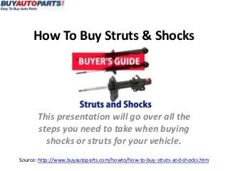 How To Buy Struts & Shocks
Source: http://www.buyautoparts.com/howto/how-to-buy-struts-and-shocks.htm
This presentation will go over all the
steps you need to take when buying
shocks or struts for your vehicle.
 