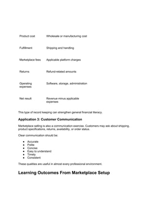 Product cost Wholesale or manufacturing cost
Fulfillment Shipping and handling
Marketplace fees Applicable platform charges
Returns Refund-related amounts
Operating
expenses
Software, storage, administration
Net result Revenue minus applicable
expenses
This type of record keeping can strengthen general financial literacy.
Application 3: Customer Communication
Marketplace selling is also a communication exercise. Customers may ask about shipping,
product specifications, returns, availability, or order status.
Clear communication should be:
● Accurate
● Polite
● Concise
● Easy to understand
● Timely
● Consistent
These qualities are useful in almost every professional environment.
Learning Outcomes From Marketplace Setup
 