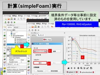 計算（simpleFoam）実行
2
3
4
境界条件データ等は事前に設定
済のものを使用しています。
106
Re=100000, RAS:kEpsilon
ダブルクリック
1
 
