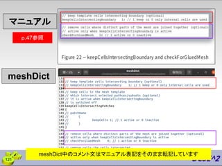 121
マニュアル
meshDict
meshDict中のコメント文はマニュアル表記をそのまま転記しています
ｐ.47参照
 