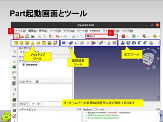 Part起動画面とツール
14
プリミティブ
ツール
加工ツール
注：ツールバーの位置は説明用に並び替えてあります
論理演算
ツール
2
1
 