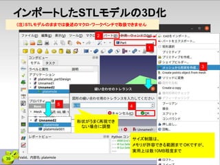（注）STLモデルのままでは後述のマクロ・ワークベンチで取扱できません
39
インポートしたSTLモデルの3D化
形状がうまく再現でき
ない場合に調整
サイズ制限は、
メモリが許容できる範囲まで OKですが、
実用上は数10MB程度まで
2
1
3
5 4
 
