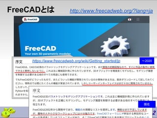 FreeCADとは http://www.freecadweb.org/?lang=ja
5
https://www.freecadweb.org/wiki/Getting_started/jp 〜2020
現在
 
