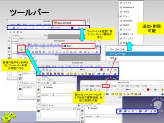 ツールバー
10
追加・削除
可能
個々のツールバーはサ
イズ如何で展開使用、自
由に配置も可能
ワークベンチ変更に伴
いツールバー構成が
変化
新規作成ボタンを押せ
ば、ツールバー利用
が可能になる
 