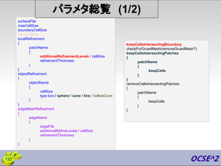 surfaceFile
maxCellSize
boundaryCellSize
minCellSize
localRefinement
{
patchName
{
additionalRefinementLevels / cellSize
refinementThickness
}
}
objectRefinement
{
objectName
{
cellSize
type box / sphere / cone / line / hollowCone
}
}
edgeMeshRefinement
{
edgeName
{
edgeFile
additionalRefineLevels / cellSize
refinementThickness
}
}
パラメタ総覧 (1/2)
keepCellsIntersectingBoundary
checkForGruedMesh(removeGruedMesh?)
keepCellsIntersectingPatches
{
patchName
{
keepCells
}
}
removeCellsIntersectingPatches
{
patchName
{
keepCells
}
}
122
 