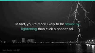 In fact, you’re more likely to be struck by
lightening than click a banner ad.
Source: Business Insider, 2011
 