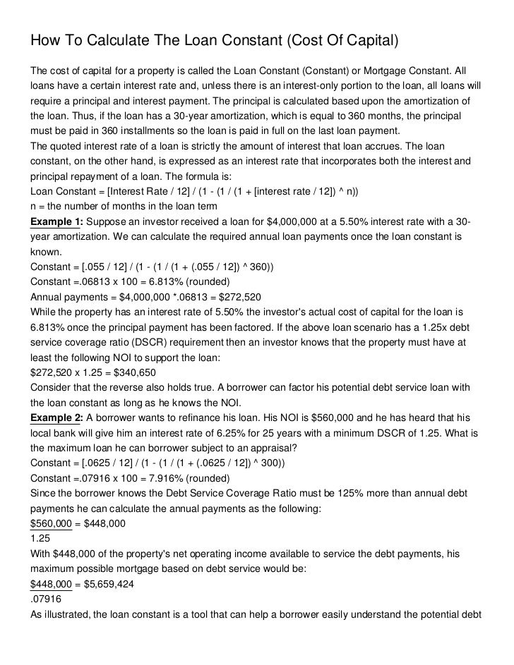 how to calculate the loan constant cost of capital calculate loan payment formula