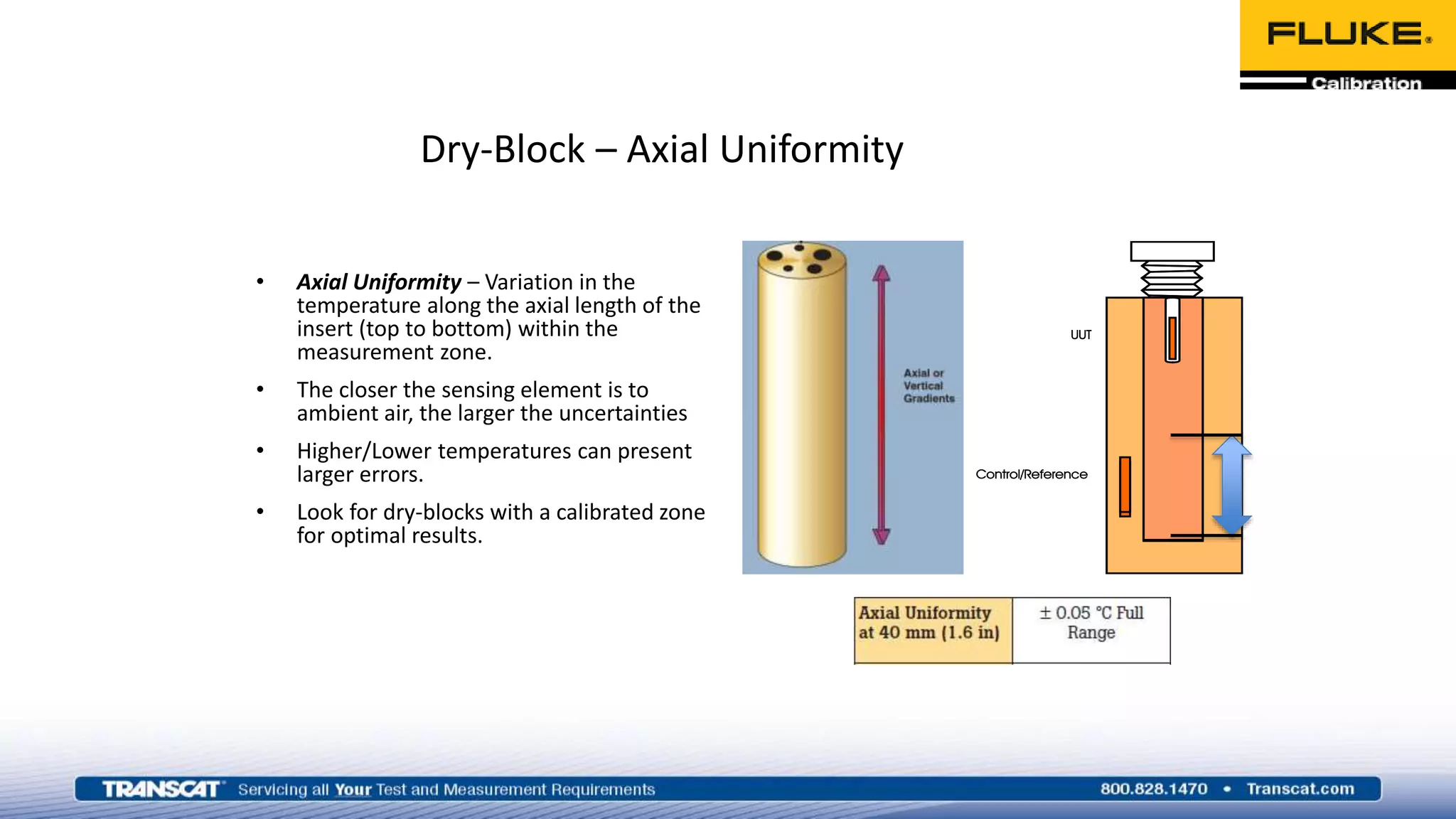 Dry-Block – Axial Uniformity
• Axial Uniformity – Variation in the
temperature along the axial length of the
insert (top to bottom) within the
measurement zone.
• The closer the sensing element is to
ambient air, the larger the uncertainties
• Higher/Lower temperatures can present
larger errors.
• Look for dry-blocks with a calibrated zone
for optimal results.
 