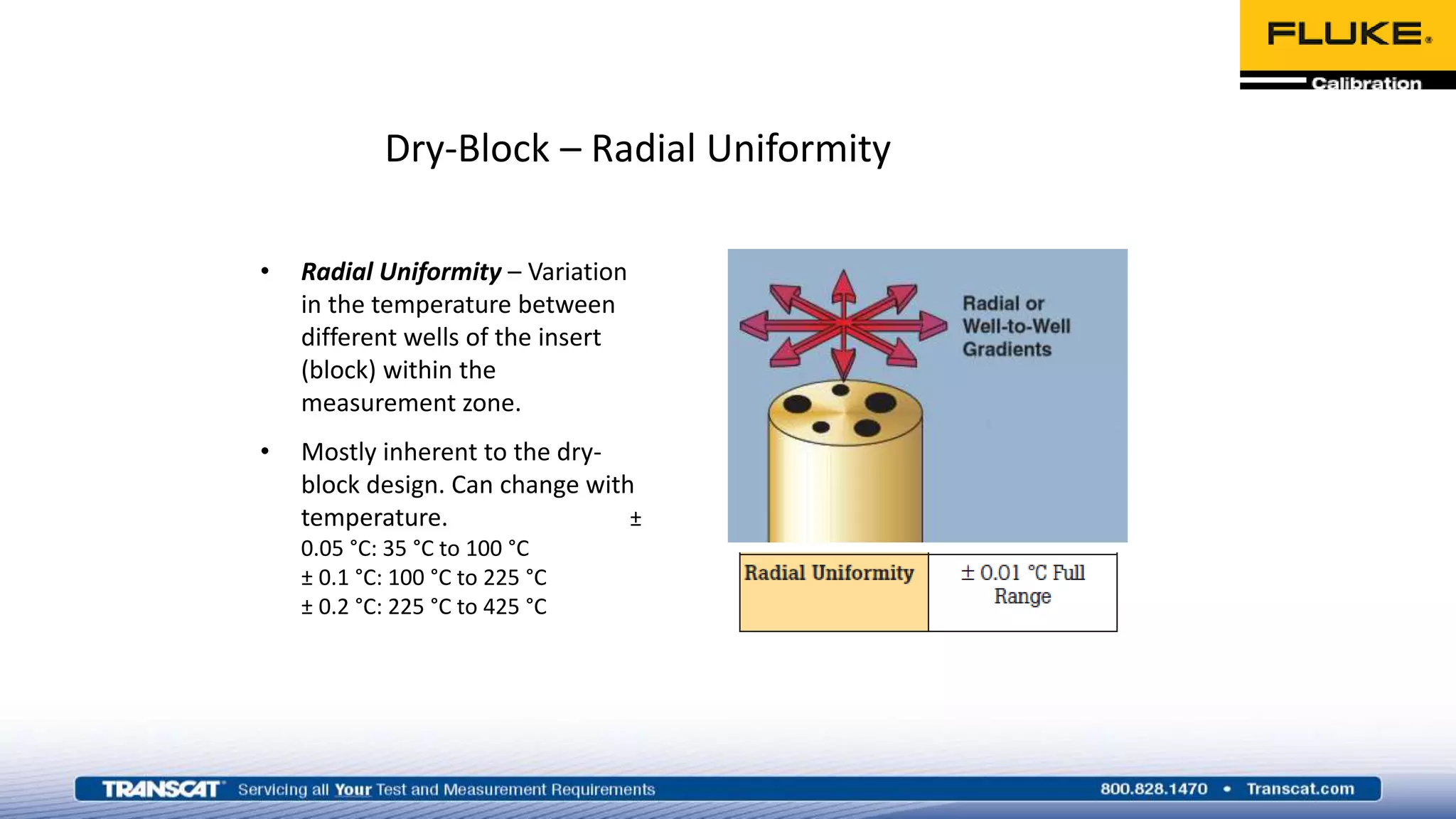 Dry-Block – Radial Uniformity
• Radial Uniformity – Variation
in the temperature between
different wells of the insert
(block) within the
measurement zone.
• Mostly inherent to the dry-
block design. Can change with
temperature. ±
0.05 °C: 35 °C to 100 °C
± 0.1 °C: 100 °C to 225 °C
± 0.2 °C: 225 °C to 425 °C
 