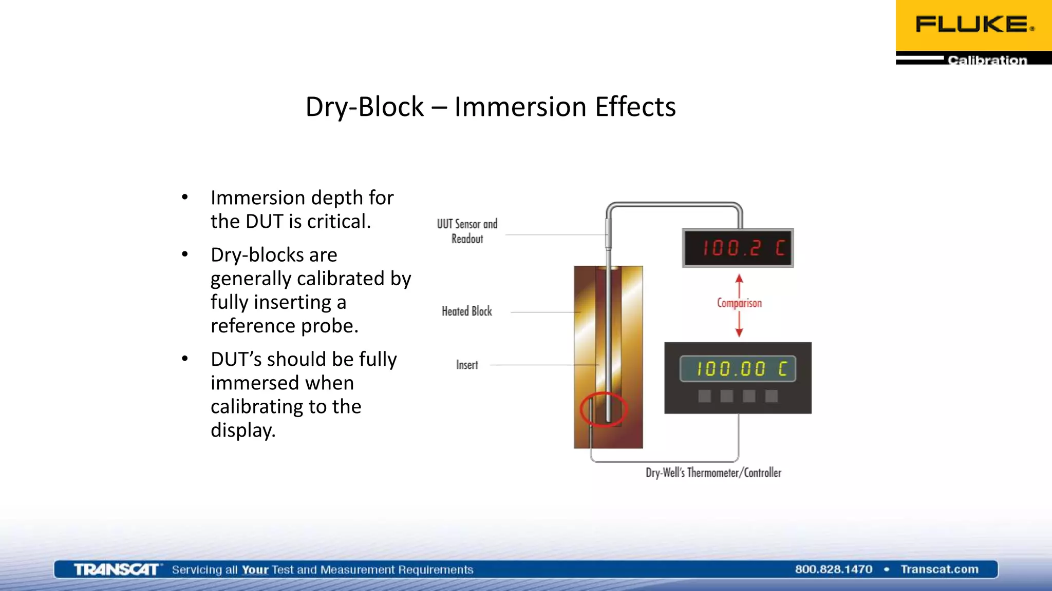 Dry-Block – Immersion Effects
• Immersion depth for
the DUT is critical.
• Dry-blocks are
generally calibrated by
fully inserting a
reference probe.
• DUT’s should be fully
immersed when
calibrating to the
display.
 