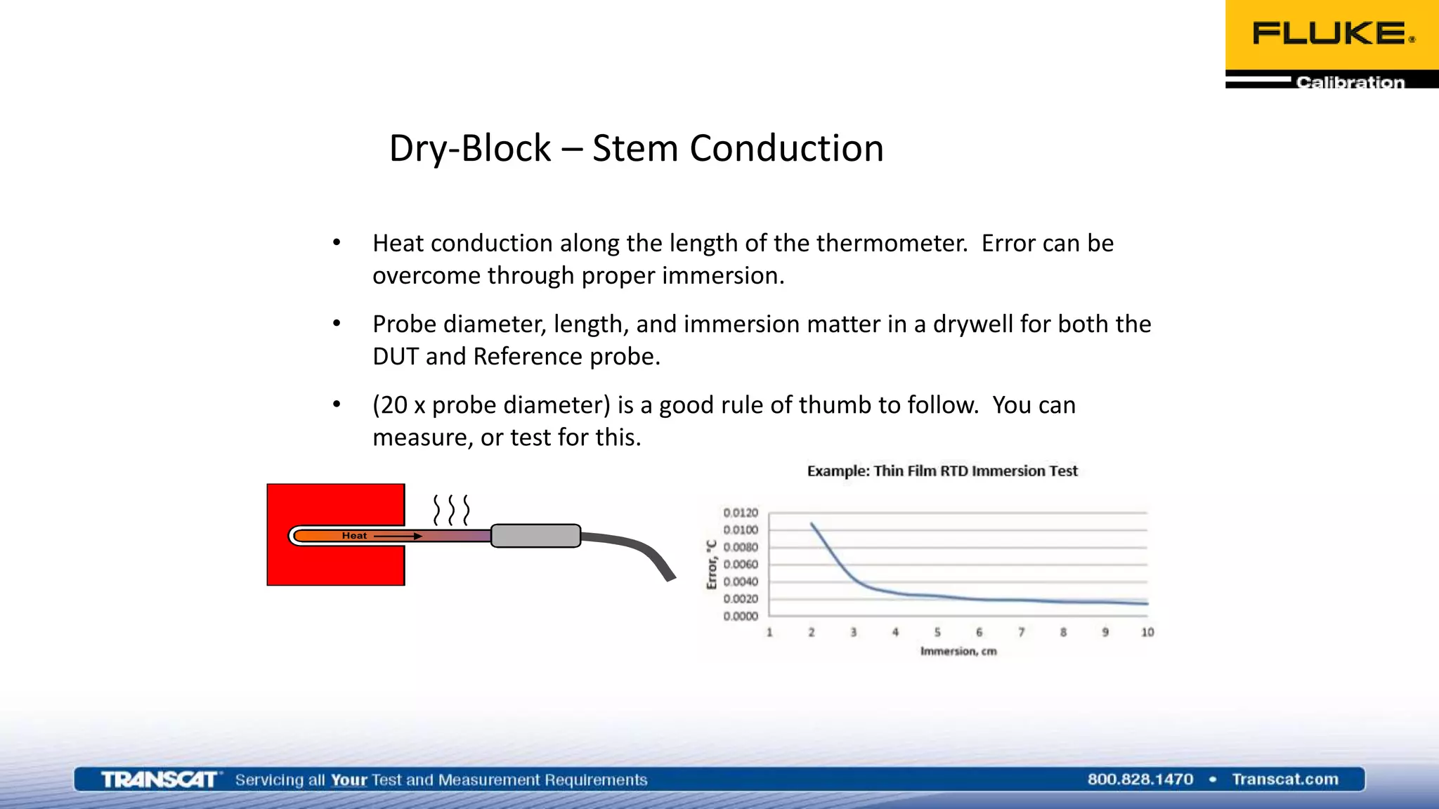 Dry-Block – Stem Conduction
• Heat conduction along the length of the thermometer. Error can be
overcome through proper immersion.
• Probe diameter, length, and immersion matter in a drywell for both the
DUT and Reference probe.
• (20 x probe diameter) is a good rule of thumb to follow. You can
measure, or test for this.
Heat
 