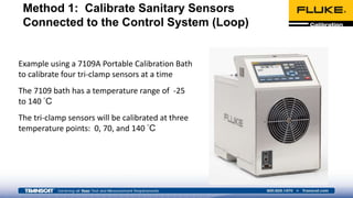 Example using a 7109A Portable Calibration Bath
to calibrate four tri-clamp sensors at a time
The 7109 bath has a temperature range of -25
to 140 °C
The tri-clamp sensors will be calibrated at three
temperature points: 0, 70, and 140 °C
Method 1: Calibrate Sanitary Sensors
Connected to the Control System (Loop)
 