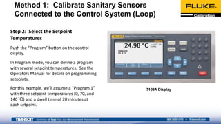 Step 2: Select the Setpoint
Temperatures
Push the “Program” button on the control
display.
In Program mode, you can define a program
with several setpoint temperatures. See the
Operators Manual for details on programming
setpoints.
For this example, we’ll assume a “Program 1”
with three setpoint temperatures (0, 70, and
140 °C) and a dwell time of 20 minutes at
each setpoint.
7109A Display
Method 1: Calibrate Sanitary Sensors
Connected to the Control System (Loop)
 
