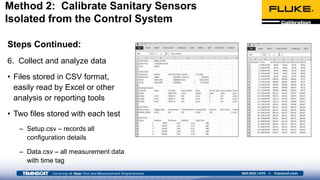 Steps Continued:
6. Collect and analyze data
• Files stored in CSV format,
easily read by Excel or other
analysis or reporting tools
• Two files stored with each test
– Setup.csv – records all
configuration details
– Data.csv – all measurement data
with time tag
Method 2: Calibrate Sanitary Sensors
Isolated from the Control System
 