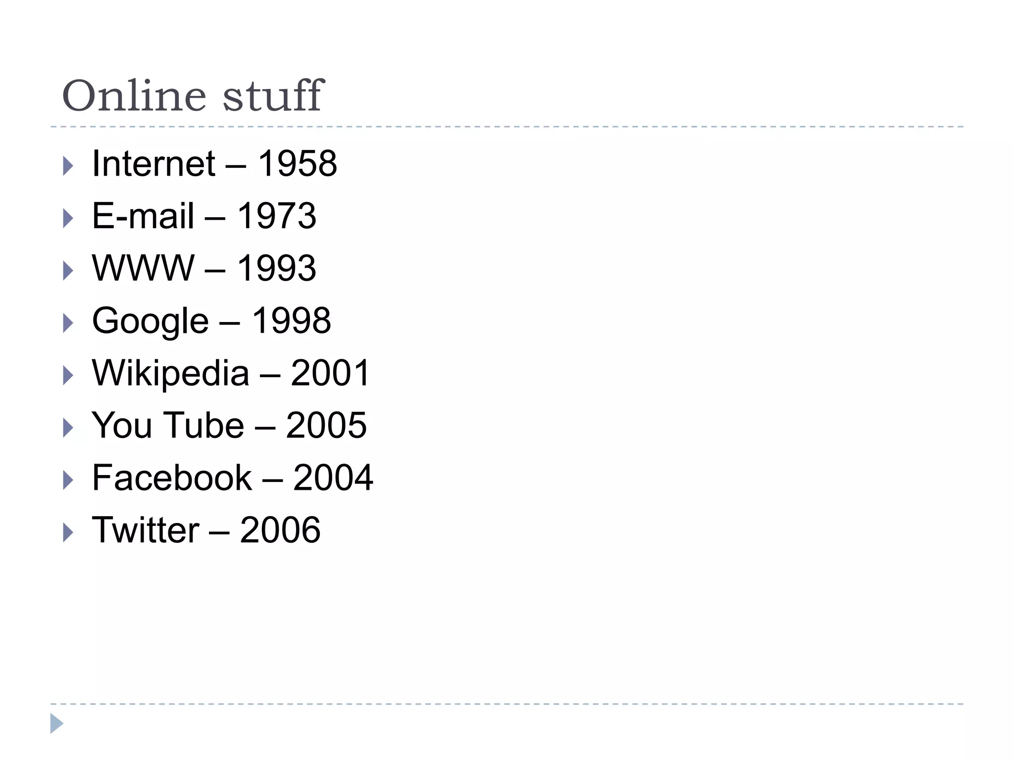 Online stuffInternet – 1958E-mail – 1973WWW – 1993Google – 1998Wikipedia – 2001You Tube – 2005Facebook – 2004Twitter – 2006