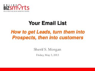 Your Email List
How to get Leads, turn them into
Prospects, then into customers
Sherif S. Morgan
Friday, May 3, 2013
 