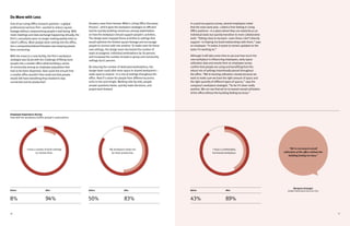 2726
Answers came from Herman Miller’s Living Office Discovery
Process
SM
, which gave the workplace strategist an efficient
tool for quickly building consensus among stakeholders
on how the workplace should support people’s activities.
The design team mapped these activities to settings that
would optimize the limited square footage and encourage
people to connect with one another. To make room for these
new settings, the design team decreased the number of
seats at assigned, individual workstations by 36 percent,
and increased the number of seats in group and community
settings by 65 percent.
By reducing the number of dedicated workstations, the
design team could allot more space to shared workpoints—
seats open to anyone—in a mix of settings throughout the
office. Now it’s easier for people from different business
units to mix and mingle. Working side-by-side, people
answer questions faster, quickly make decisions, and
propel work forward.
Do More with Less
One of our Living Office research partners—a global
professional services firm—wanted to reduce square
footage without compromising people’s well-being. With
more meetings and data exchange happening virtually, the
firm’s consultants were no longer making weekly treks to
client’s offices. More people were coming into the office,
but a compartmentalized floorplan was keeping people
from connecting.
With the move to a new facility, the firm’s workplace
strategist was faced with the challenge of fitting more
people into a smaller office while building a sense
of community among an employee population that
had so far been dispersed. How could she ensure that
a smaller office wouldn’t feel small and that people
would still have everything they needed to stay
connected and be productive?
Before Before
8% 50%94% 83%
After After
I have a variety of work settings
to choose from.
My workplace helps me
be more productive.
Employee Experience Survey
How well the workplace fulfills people’s expectations
Before
43% 89%
After
I have a comfortable,
functional workplace.
In a post-occupancy survey, several employees noted
that the main work area—called a Hive Setting in Living
Office parlance—is a place where they can easily focus on
individual tasks but quickly transition to more collaborative
work. “Sitting close to my team—even those I don’t directly
support—is helping me build relationships with them,” says
an employee. “It makes it easier to remain updated on the
tasks I’m working on.”
Although it will take some time to see just how much the
new workplace is influencing employees, early space
utilization data and results from an employee survey
confirm that people are using and benefiting from the
robust mix of settings intentionally placed throughout
the office. “We’re tracking utilization closely because we
want to make sure we have the right amount of space and
the right quantity of different types of spaces,” says the
company’s workplace strategist. “So far it’s been really
positive. We can see that we’ve increased overall utilization
of the office without the building feeling too busy.”
Workplace Strategist
Global Professional Services Firm
“We’ve increased overall
utilization of the office without the
building feeling too busy.”
 