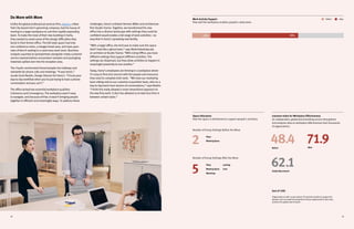 2928
Do More with More
Unlike the global professional services firm, Harry’s, a New
YorkCity-based men’s grooming company, had the luxury of
moving to a larger workplace to suit their rapidly expanding
team. To make the most of their new building in SoHo,
they needed to avoid some of the design difficulties they
faced in their former office. The loft-style space had only
one conference room, a meager breakarea, and rows upon
rows of bench seating in a cavernous workroom. Business
analysts squinted at spreadsheets alongside chatty customer
service representatives and product samples and packaging
materials spilled over into the reception area.
The chaotic environment forced people into hallways and
stairwells for phone calls and meetings. “It was hectic,”
recallsScott Newlin, Design Director for Harry’s. “It hurts your
day-to-day workflow when you’re just trying to have a phone
conversation and you can’t.”
The office lacked two essential workplace qualities:
Coherence and Convergence. The workplace wasn’t easy
to navigate, and because of that, it wasn’t bringing people
together in efficient and meaningful ways. To address these
challenges, Harry’s enlisted Herman Miller and architecture
firm Studio Tractor. Together, we transformed the new
office into a diverse landscape with settings they could be
confident would enable a full range of workactivities—no
easy feat in Harry’s sprawling new facility.
“With a larger office, the trickwas to make sure the space
didn’t looklike a ghost town,” says MarkKolodziejczak,
an architect atStudio Tractor. “With Living Office, you have
different settings that support different activities. The
settings are dispersed, but they allow activities to happen in
meaningful proximity to one another.”
Today, Harry’s employees are thriving in a workplace where
it’s easy to find and connect with the people and resources
they need to complete their work. “We have our marketing
team sitting next to our customer acquisition team, who on a
day-to-day basis have dozens of conversations,” says Newlin.
“I thinkthis really allowed a more streamlined approach to
the way they work. It also has allowed us to take less time in
between certain tasks.”
12% 70%
Landing
Cove
Number of Group Settings Before the Move
Number of Group Settings After the Move
2
5
Plaza
Meeting Space
Workshop
Plaza
Meeting Space
Before AfterWork Activity Support
How well the workplace enables people’s daily tasks
Space Allocation
How the space is distributed to support people’s activities
Before
48.4 71.9
62.1
After
Global Benchmark
Leesman Index for Workplace Effectiveness
An independent, global benchmarking service that gathers
and analyzes data on workplace effectiveness from thousands
of organizations
(out of 100)
Organizations with scores above 70 provide excellent support for
people and consistently outperform those organizations that only
achieve the global benchmark .
 