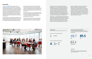 3938
Have a Heart
One of our Living Office research partners, Tavistock
Development Company, took the kitchen concept quite
literally when they worked with us to plan their new office in
Lake Nona, Florida. Tavistock is a real estate development
firm that prides itself on developing inspiring communities
for clients. Its leadership team realized that to maintain
that reputation, it was going to have to do the same for its
employees. This meant working with Herman Miller and
Little Diversified Architectural Consulting to consolidate
people from three dispersed locations into one vibrant and
connective hub.
As part of this work, Herman Miller guided employees and
leaders through the Living Office Discovery Process to help
identify disparities between their daily work activities and
their workplace. A group of Tavistock employees studied
10 categories of common work activities, determining
that the new workplace would need to enable lengthy
conversations, longer periods of project development work,
and quick, impromptu discussions—activities known as
Converse, Co-Create, Divide & Conquer, and Chat in Living
Office parlance.
“We already knew that we were in three different buildings,
so we weren’t colliding and collaborating like we should
be,” says Human Resources Director Karen Duerr.
“The research reinforced how important these types
of interactions are to our work.”
To prime the workplace for interaction, the design team
mapped people’s activities to a variety of collaborative
settings. At the heart of it all is a bright, window-lined
café, called a Plaza. Here, socializing converges with
getting work done—activities that happen at happy hour
gatherings, pop-up parties to celebrate new deals, and
once-a-month celebrations with Tavistock-themed trivia
or costume contests. Accountants mingle with project
managers and marketing specialists catch up with urban
planners. People who wouldn’t normally spend a lot of
time together during the workday are getting a glimpse of
what others are working on, and it’s helping them feel more
connected to the broader purpose of the organization.
“After the move ... the thing that people said made the most
difference [more than paid time off and flexible workhours]
was the café and the gatherings we have there,” says Debbie
DeMars, Vice President, Human Resources and Internal
Operations. “It’s fun, and people are proud of it. And it’s a
way for us to tell people what’s going on in the company.”
Before
48.7 85.5
62.1
After
Global Benchmark
(out of 100)
Organizations with scores above 70 provide excellent support for
people and consistently outperform those organizations that only
achieve the global benchmark.
Leesman Index for Workplace Effectiveness
An independent global benchmarking service that gathers
and analyzes data on workplace effectiveness from thousands
of organizations
Tavistock’s leadership team sees a direct correlation
between the workplace changes they made and
improvements in employee retention. “Over the past
couple of years, prior to the move, our turnover rate was
26 percent,” says DeMars. “We are now at a 10 percent
turnover rate for the year.” She attributes this dramatic
improvement to “the intangibles.” “It’s not just about the
pay. It’s not just about the time off,” says DeMars. “It’s
about feeling good when you come to work. It’s feeling
pride and a sense of community.”
Landing
Cove
Forum
Number of Group Settings Before the Move
Number of Group Settings After the Move
1
6
Plaza
Meeting Space
Workshop
Meeting Space
Space Allocation
How the space is distributed to support people’s activities
 
