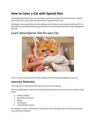 How to Cater a Cat with Special Diet
Choosingaperfectdietforyour cat isan arduous taskwhenyoudive intothe realmof cats. A special
dietforyour cat is a precautioussteptowardsthe vital growthof yourpet.
Obligingyourcata special dietrecommendedbyavetwill helpyourcat to become healthyandfit.I'm
gonnatell youabout Special Dietforyourcat whichwill make yourpetinternallystrongtofightagainst
diseases.
Learn about Special Diet for your Cat:
Firstly,I'mgonnatell youaboutthe majorcategoryof special dietsregardingtowardsyourcat:
Veterinary Medication:
Thismedicationisvital forcats sufferingfromvariousinternal diseases.
VeterinaryMedicationisvital forfelinessufferingfromkidneydiseasesandmanyotherdiseasesshown
below:
 diabetesmellitus
 gastrointestinal disease
 obesity
 liverdiseases
 urinarybladderdiseases
For example,if afeline issufferingfromone of these internal diseases,yourvetwill recommendyour
cat a veterinary medication.
 