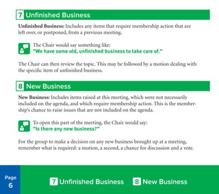 7 Unfinished Business 8 New Business
Offering an Amendment7 Unfinished Business
Unfinished Business: Includes any items that require membership action that are
left over, or postponed, from a previous meeting.
The Chair would say something like:
“We have some old, unfinished business to take care of.”
The Chair can then review the topic. This may be followed by a motion dealing with
the specific item of unfinished business.
8 New Business
New Business: Includes items raised at this meeting, which were not necessarily
included on the agenda, and which require membership action. This is the member-
ship’s chance to raise issues that are not included on the agenda.
To open this part of the meeting, the Chair would say:
“Is there any new business?”
For the group to make a decision on any new business brought up at a meeting,
remember what is required: a motion, a second, a chance for discussion and a vote.
Page
6
 