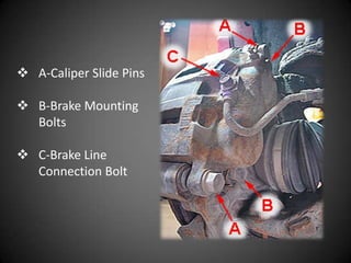  A-Caliper Slide Pins

 B-Brake Mounting
  Bolts

 C-Brake Line
  Connection Bolt
 