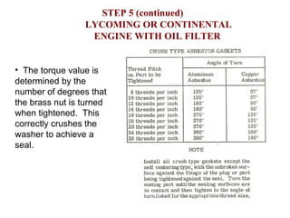 STEP 5 (continued)     LYCOMING OR CONTINENTAL  ENGINE WITH OIL FILTER The torque value is determined by the number of degrees that the brass nut is turned when tightened.  This correctly crushes the washer to achieve a seal. 