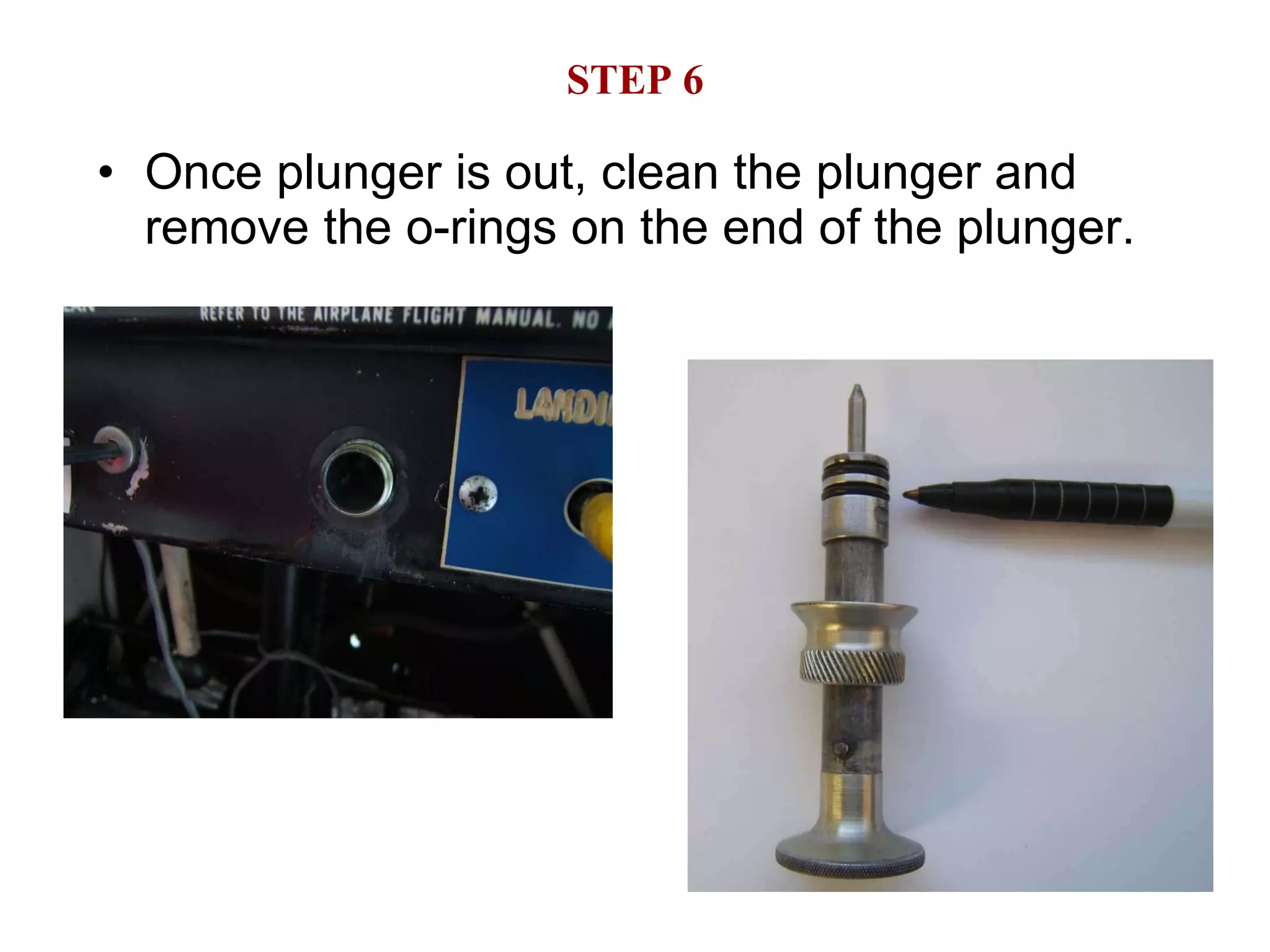 STEP 6 Once plunger is out, clean the plunger and remove the o-rings on the end of the plunger. 