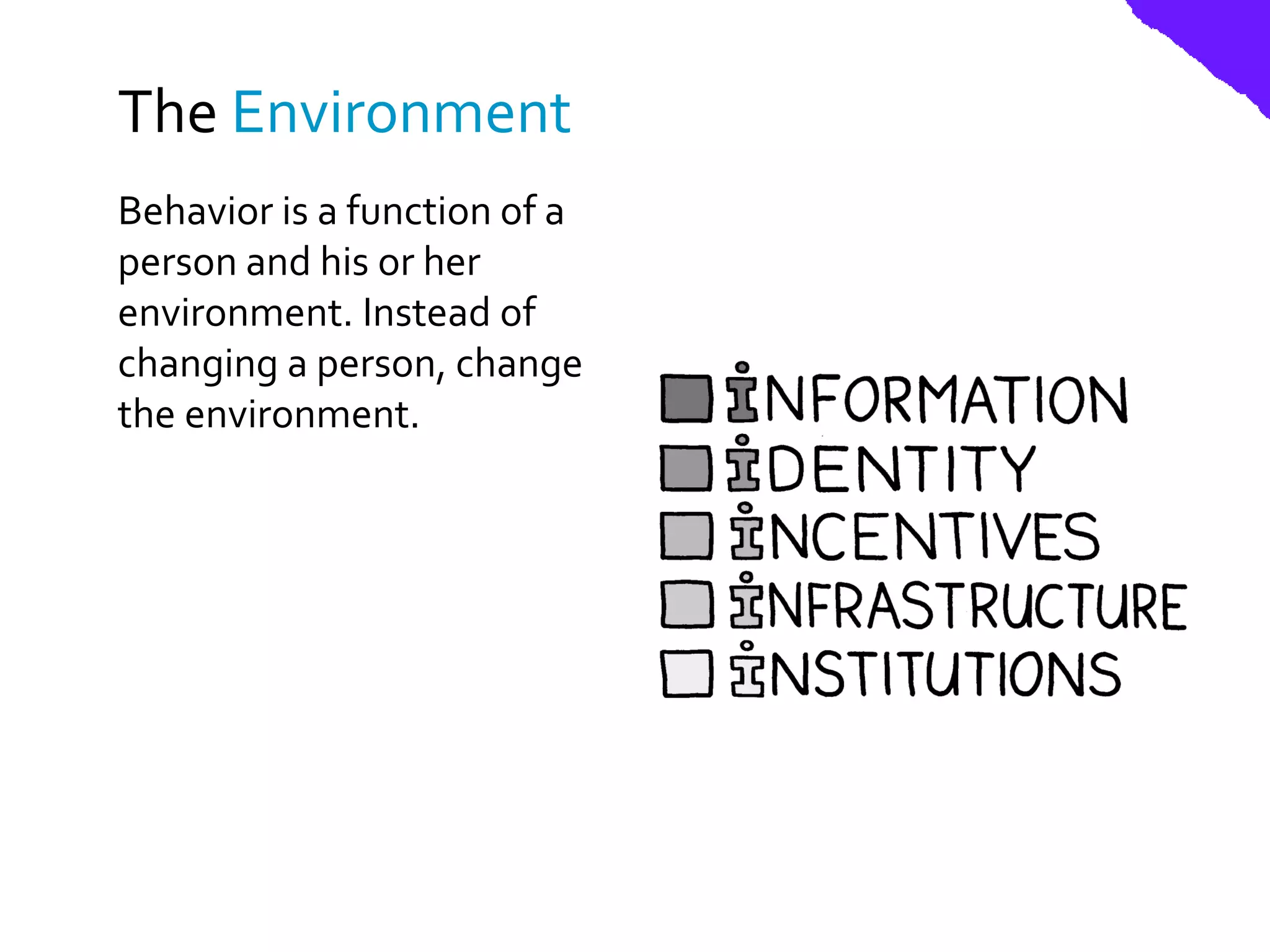 The Environment
Behavior is a function of a
person and his or her
environment. Instead of
changing a person, change
the environment.
 