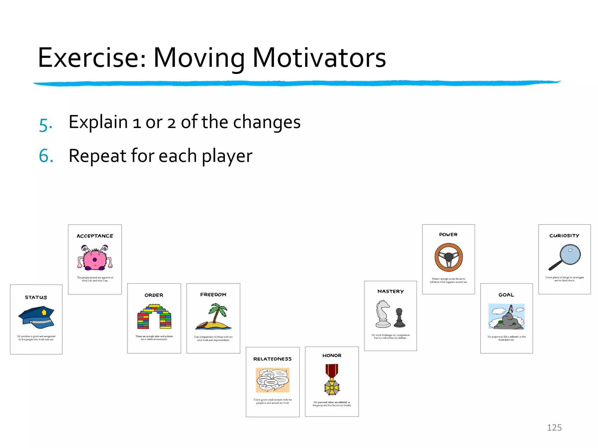 Exercise: Moving Motivators

5. Explain 1 or 2 of the changes
6. Repeat for each player




                                   125
 