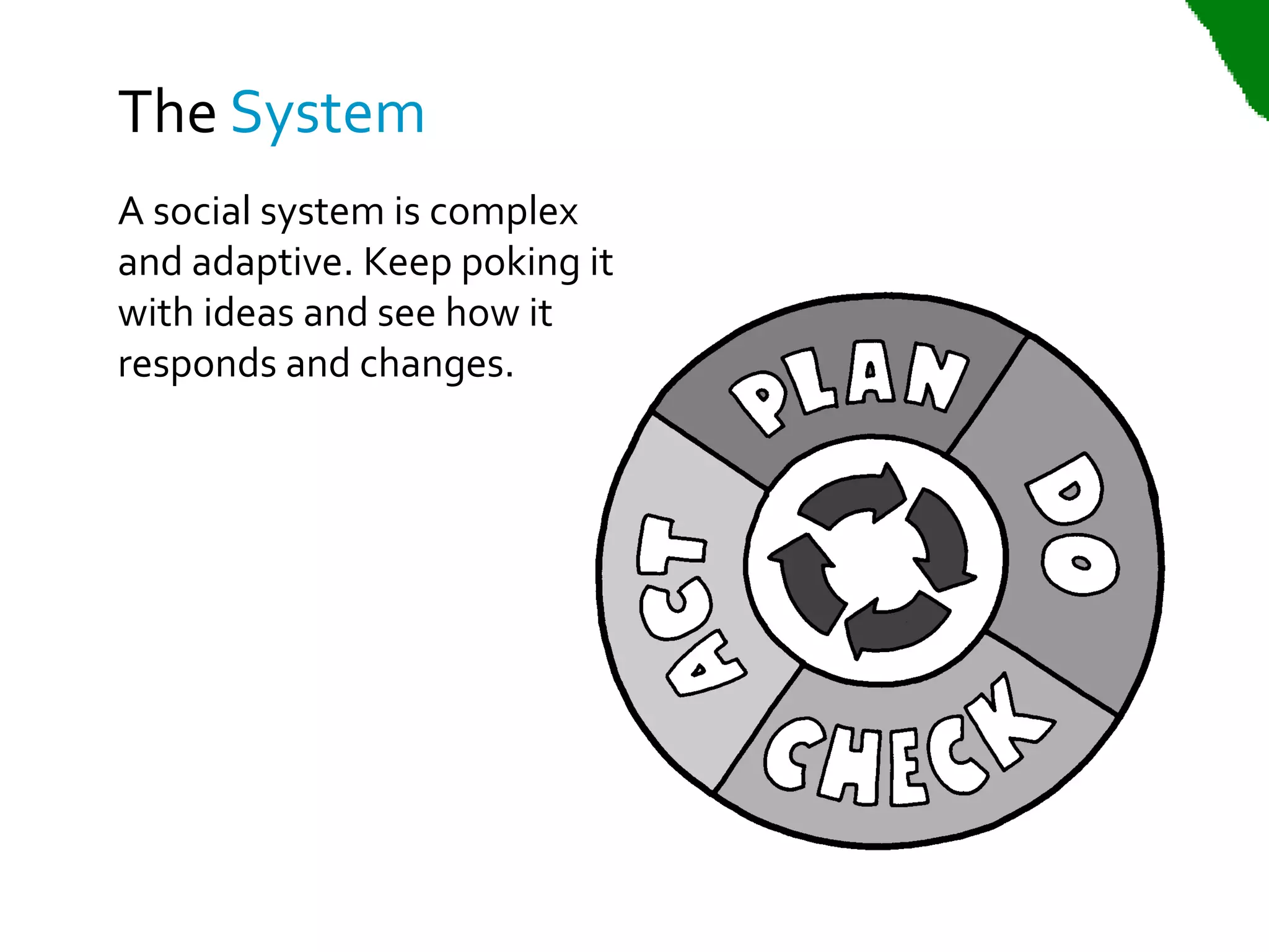 The System
A social system is complex
and adaptive. Keep poking it
with ideas and see how it
responds and changes.
 