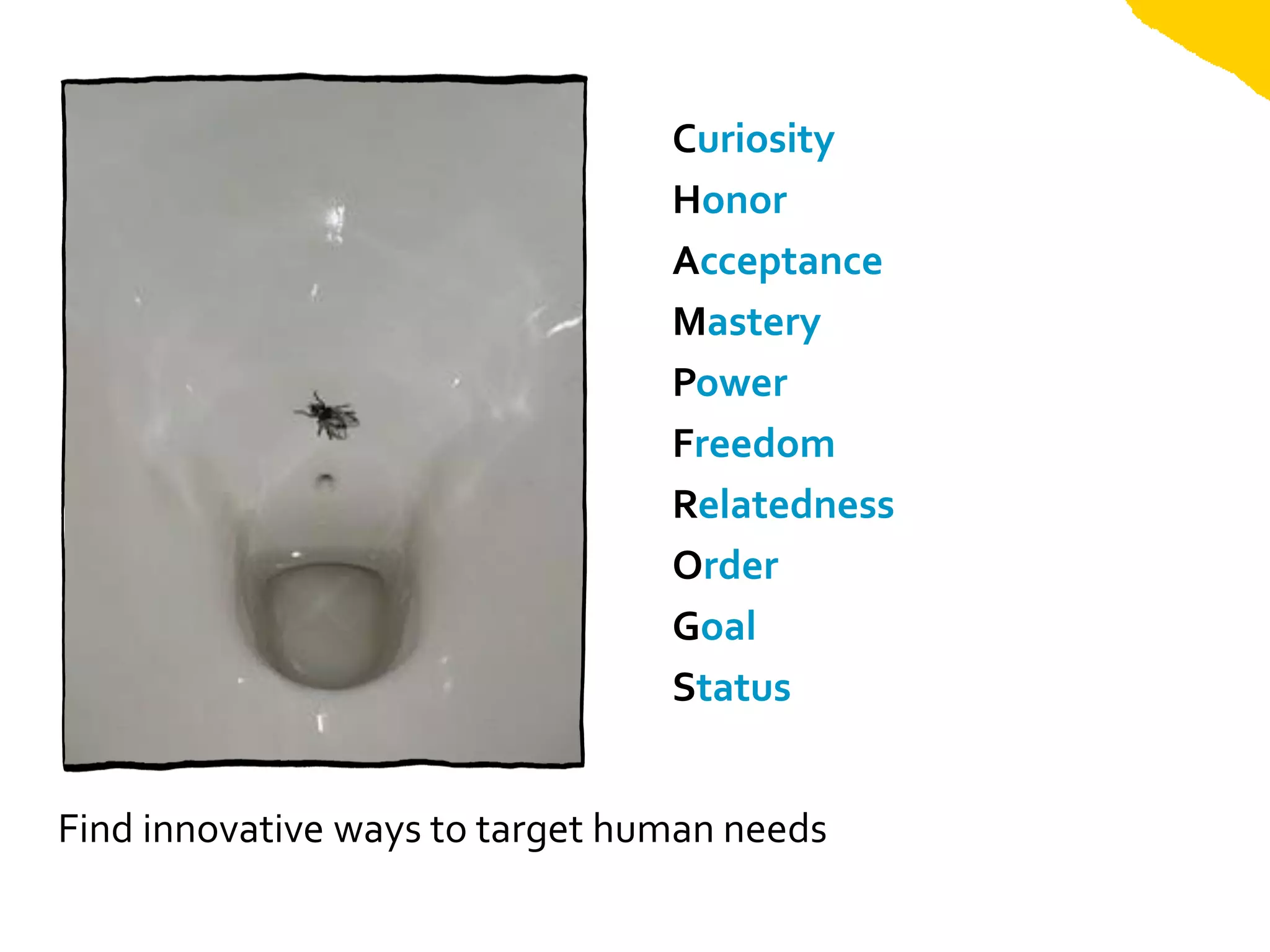 Curiosity
                                 Honor
                                 Acceptance
                                 Mastery
                                 Power
                                 Freedom
                                 Relatedness
                                 Order
                                 Goal
                                 Status


Find innovative ways to target human needs
 