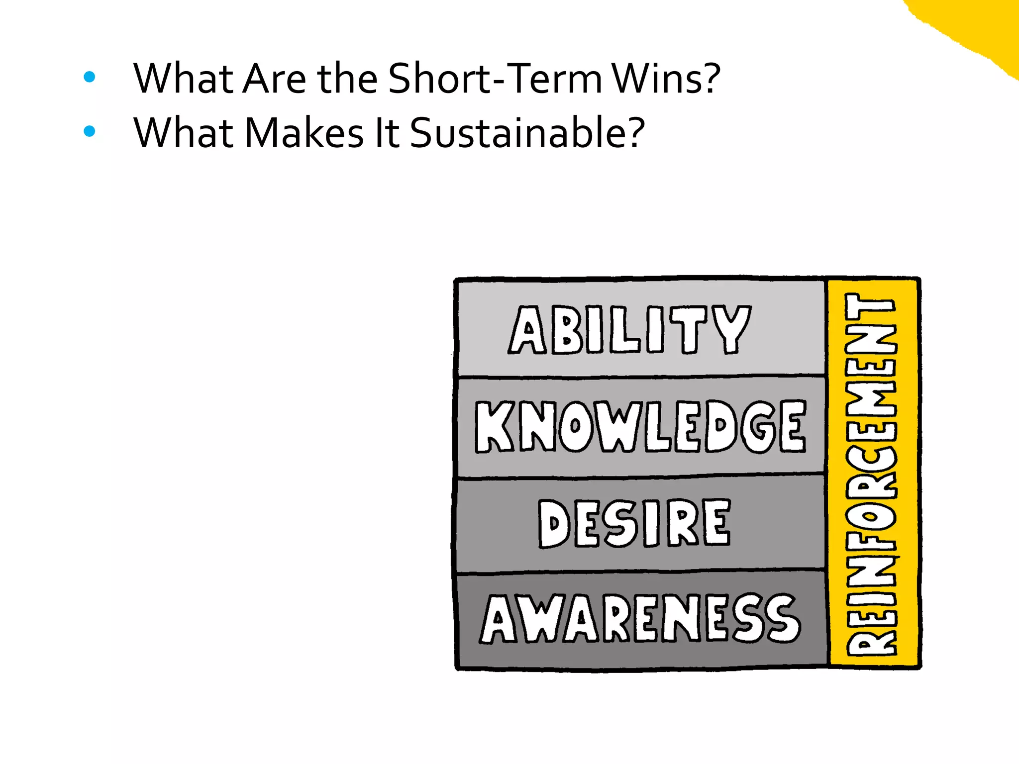 • What Are the Short-Term Wins?
• What Makes It Sustainable?
 