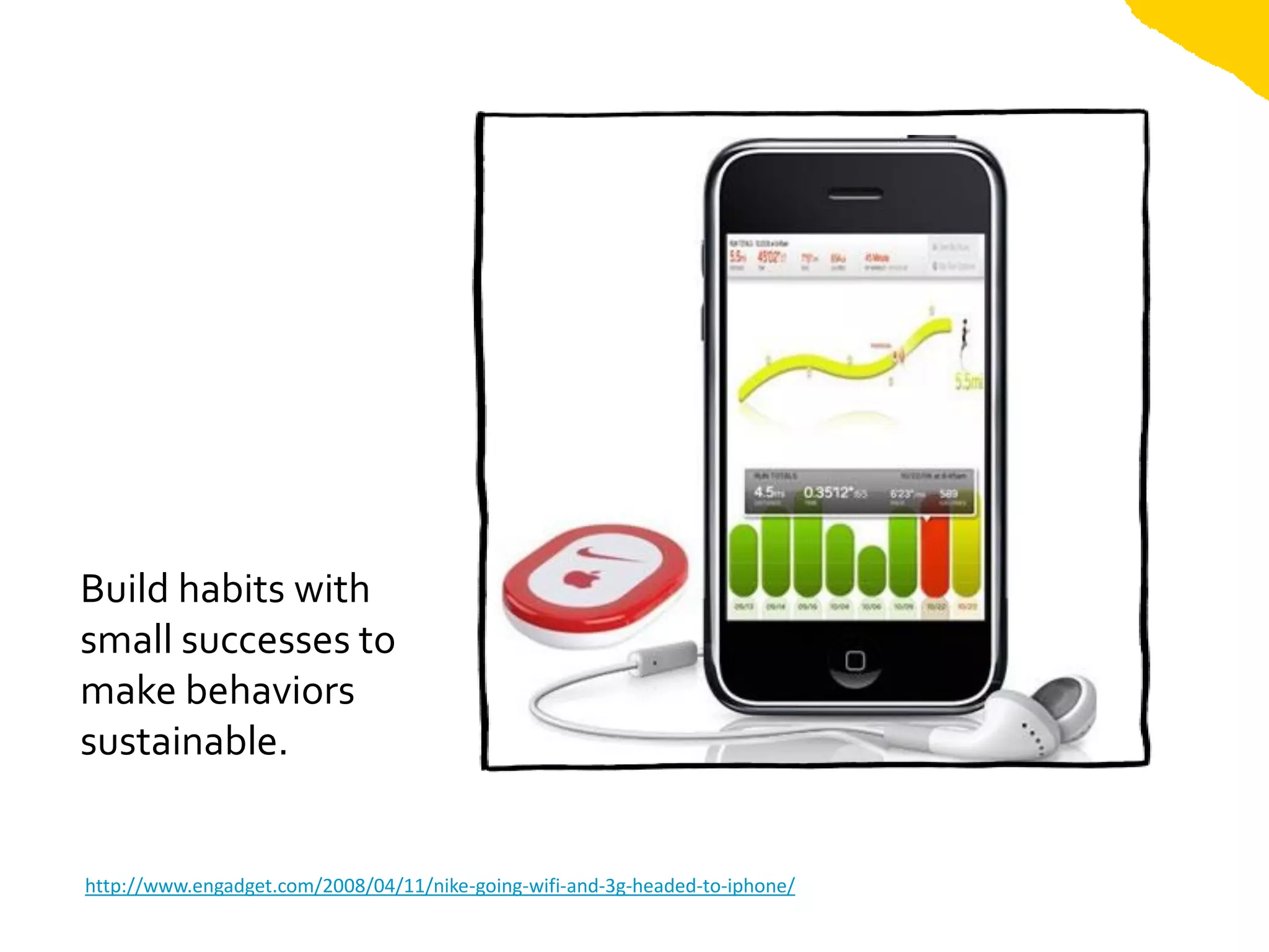 Build habits with
small successes to
make behaviors
sustainable.


http://www.engadget.com/2008/04/11/nike-going-wifi-and-3g-headed-to-iphone/
 